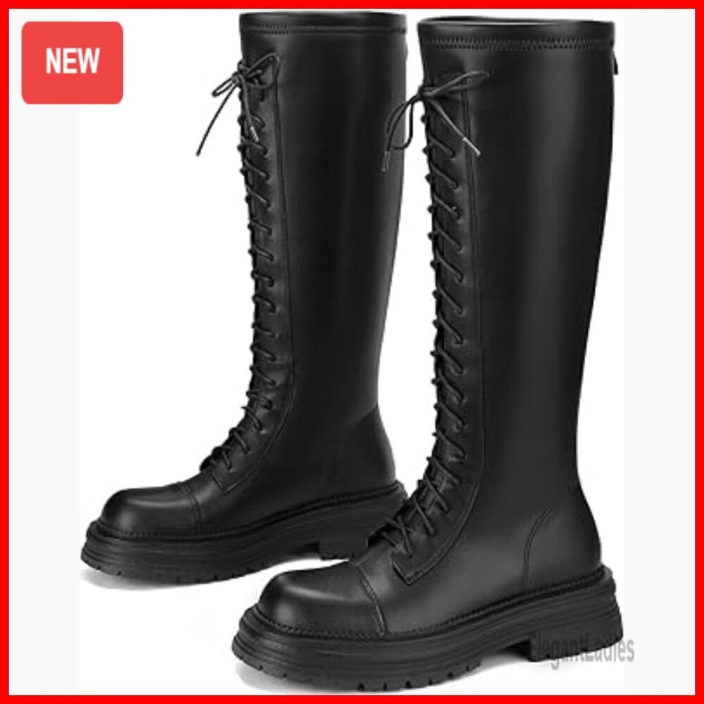 Chunky Platform Knee High Combat Boots Faux Leather Lace Up Zipper